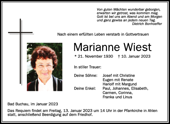 Traueranzeigen Von Marianne Wiest Schwaebische De Trauerportal