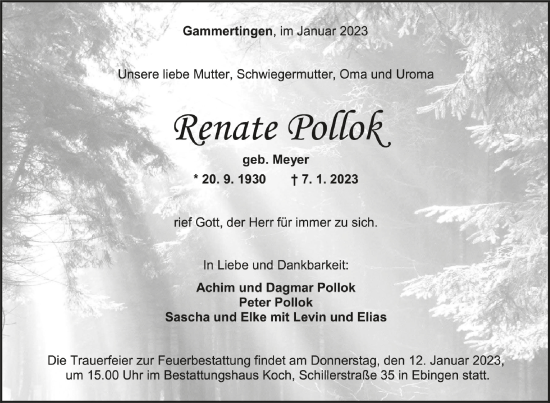 Traueranzeigen Von Renate Pollok Schwaebische De Trauerportal