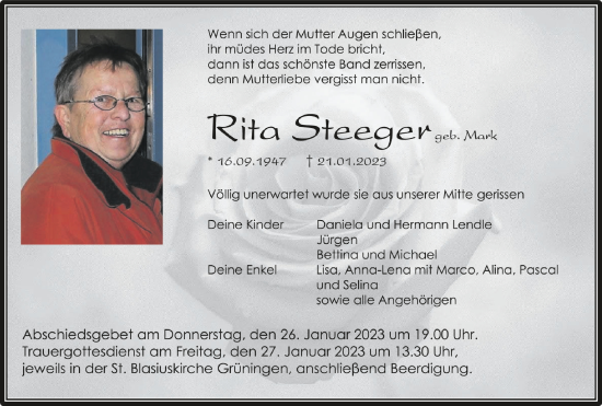 Traueranzeigen Von Rita Steeger Schwaebische De Trauerportal