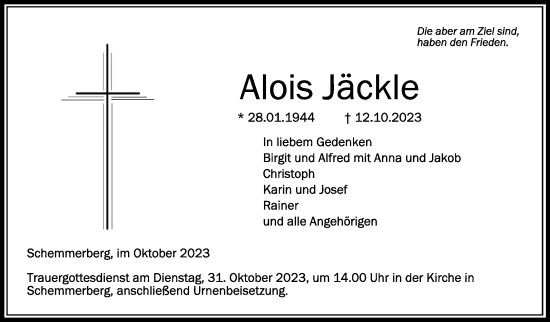 Traueranzeigen Von Alois J Ckle Schwaebische De Trauerportal