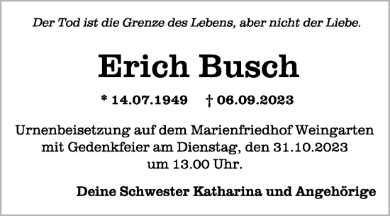 Traueranzeigen Von Erich Busch Schwaebische De Trauerportal