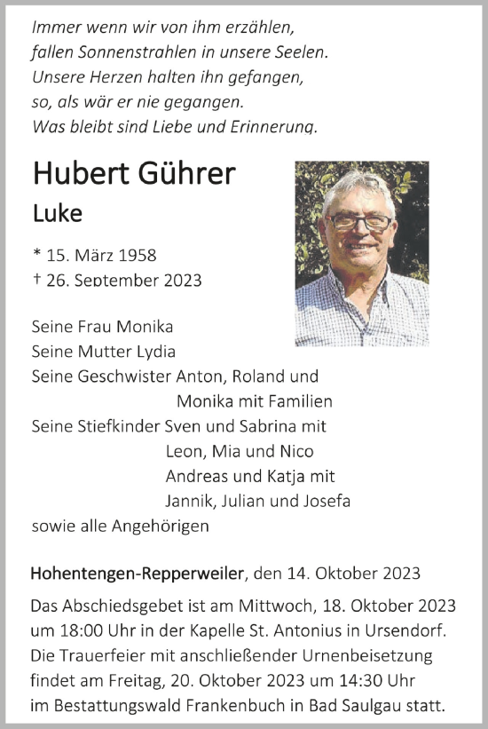 Traueranzeigen Von Hubert G Hrer Schwaebische De Trauerportal