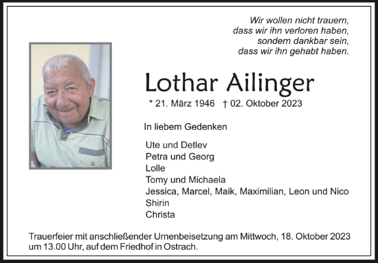 Traueranzeigen Von Lothar Ailinger Schwaebische De Trauerportal