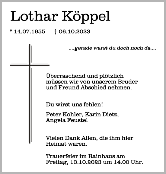 Traueranzeigen Von Lothar K Ppel Schwaebische De Trauerportal