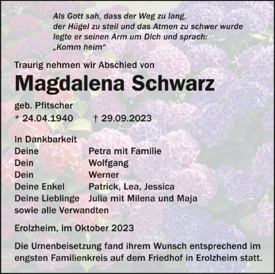 Traueranzeigen Von Magdalena Schwarz Schwaebische De Trauerportal