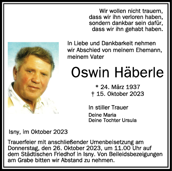 Traueranzeigen von Oswin Häberle schwaebische de Trauerportal