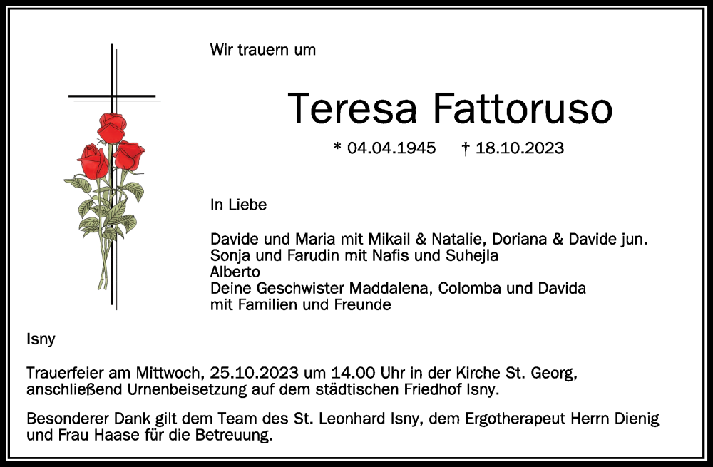 Traueranzeigen Von Teresa Fattoruso Schwaebische De Trauerportal