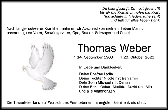 Traueranzeigen Von Thomas Weber Schwaebische De Trauerportal