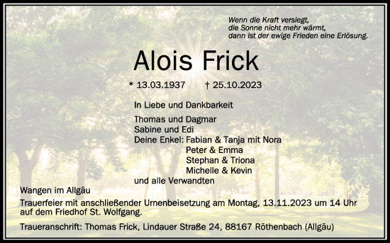 Traueranzeigen Von Alois Frick Schwaebische De Trauerportal