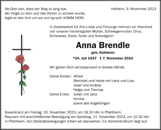 Traueranzeigen Von Anna Brendle Schwaebische De Trauerportal