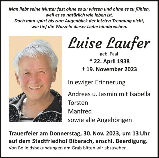 Traueranzeigen Von Luise Lauer Schwaebische De Trauerportal