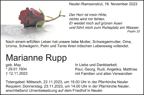 Traueranzeigen Von Marianne Rupp Schwaebische De Trauerportal