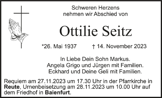 Traueranzeigen Von Ottilie Seitz Schwaebische De Trauerportal