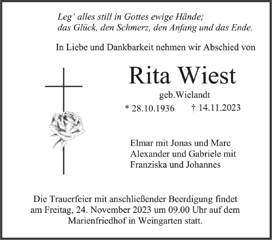 Traueranzeigen Von Rita Wiest Schwaebische De Trauerportal