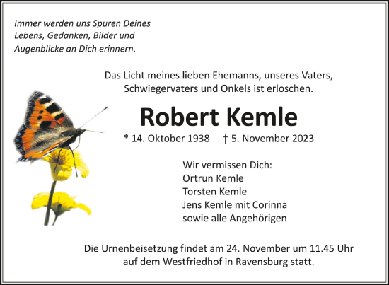 Traueranzeigen Von Robert Kemle Schwaebische De Trauerportal