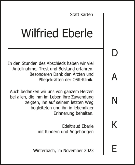 Traueranzeigen Von Wilfried Eberle Schwaebische De Trauerportal