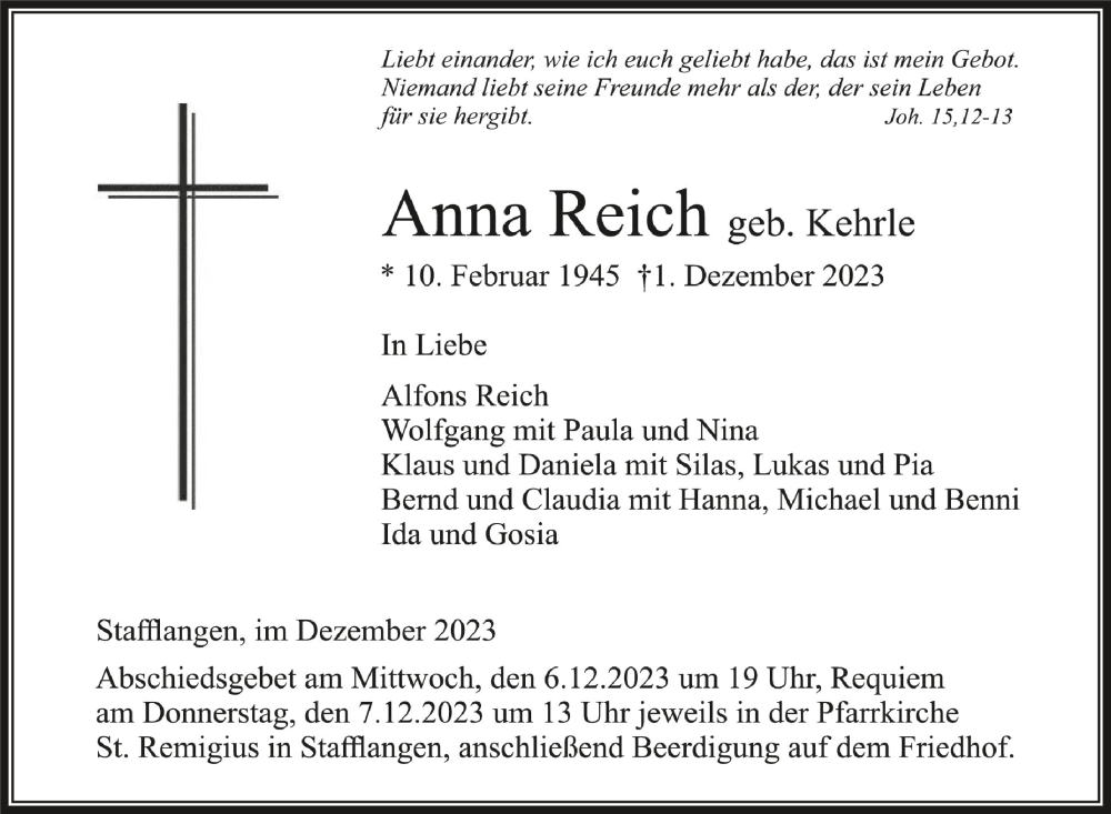 Traueranzeigen Von Anna Reich Schwaebische De Trauerportal