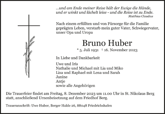 Traueranzeigen Von Bruno Huber Schwaebische De Trauerportal