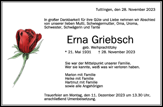 Traueranzeigen Von Erna Griebsch Schwaebische De Trauerportal