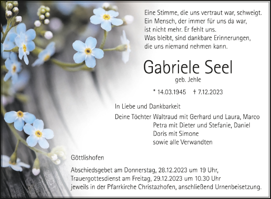 Traueranzeigen Von Gabriele Seel Schwaebische De Trauerportal