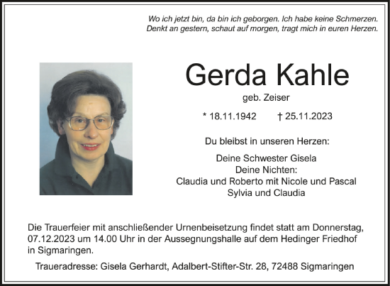 Traueranzeigen Von Gerda Kahle Schwaebische De Trauerportal