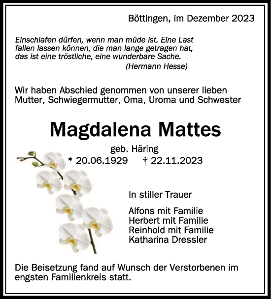 Traueranzeigen Von Magdalena Mattes Schwaebische De Trauerportal