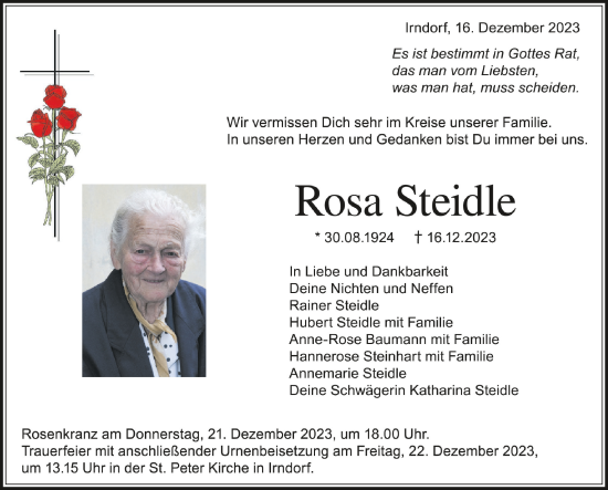 Traueranzeigen Von Rosa Steidle Schwaebische De Trauerportal