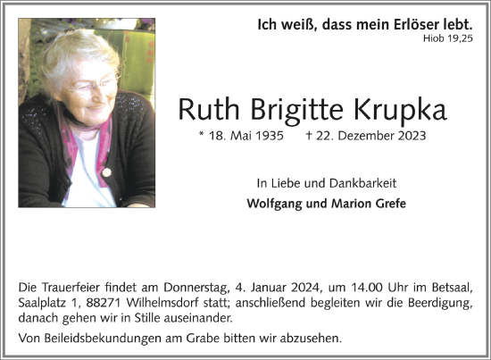 Traueranzeigen Von Ruth Brigitte Krupka Schwaebische De Trauerportal