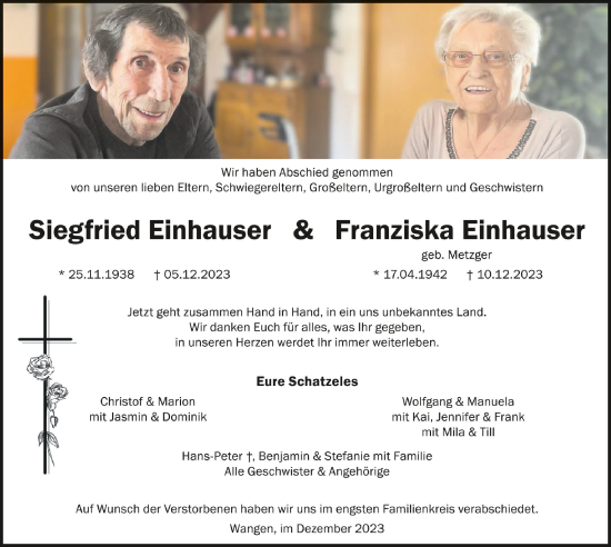 Traueranzeigen Von Siegfried Und Franziska Einhauser Schwaebische De