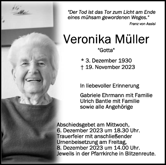 Traueranzeigen von Veronika Müller schwaebische de Trauerportal