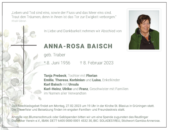 Traueranzeigen Von Anna Rosa Baisch Schwaebische De Trauerportal