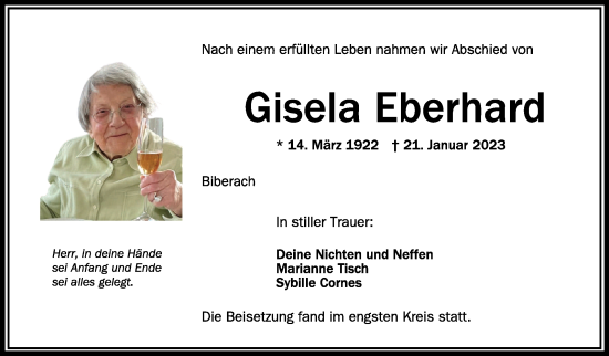 Traueranzeigen Von Gisela Eberhard Schwaebische De Trauerportal