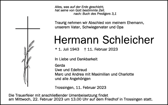 Traueranzeigen Von Hermann Schleicher Schwaebische De Trauerportal