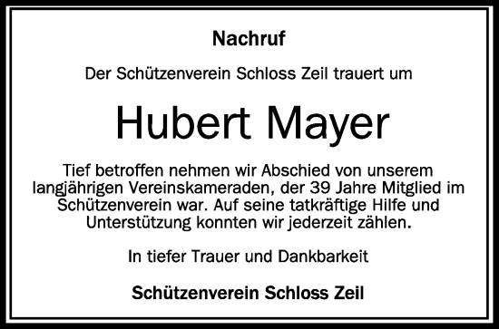 Traueranzeigen Von Hubert Mayer Schwaebische De Trauerportal