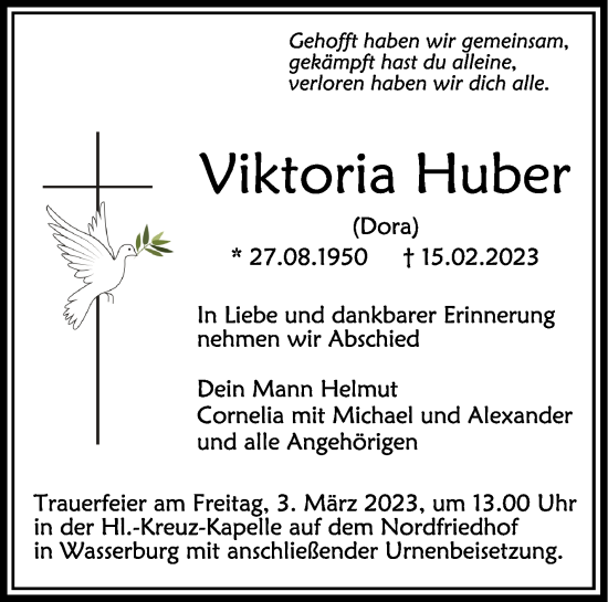 Traueranzeigen Von Viktoria Huber Schwaebische De Trauerportal