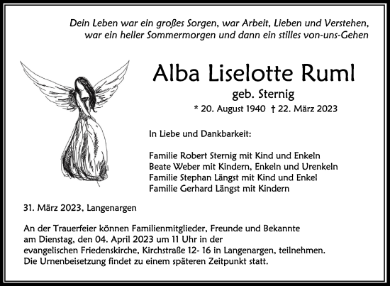 Traueranzeigen Von Alba Liselotte Ruml Schwaebische De Trauerportal