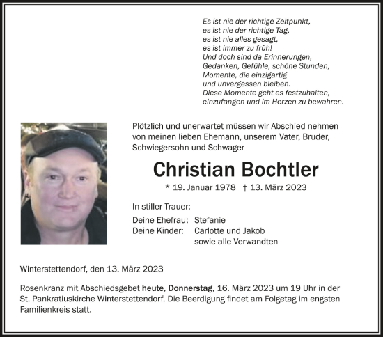 Traueranzeigen Von Christian Bochtler Schwaebische De Trauerportal