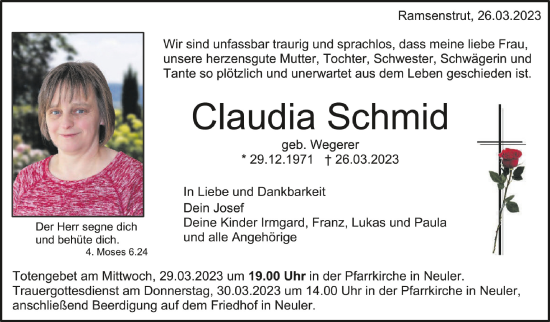 Traueranzeigen Von Claudia Schmid Schwaebische De Trauerportal