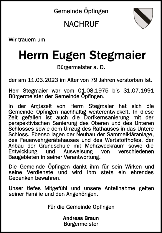 Traueranzeigen Von Eugen Stegmaier Schwaebische De Trauerportal