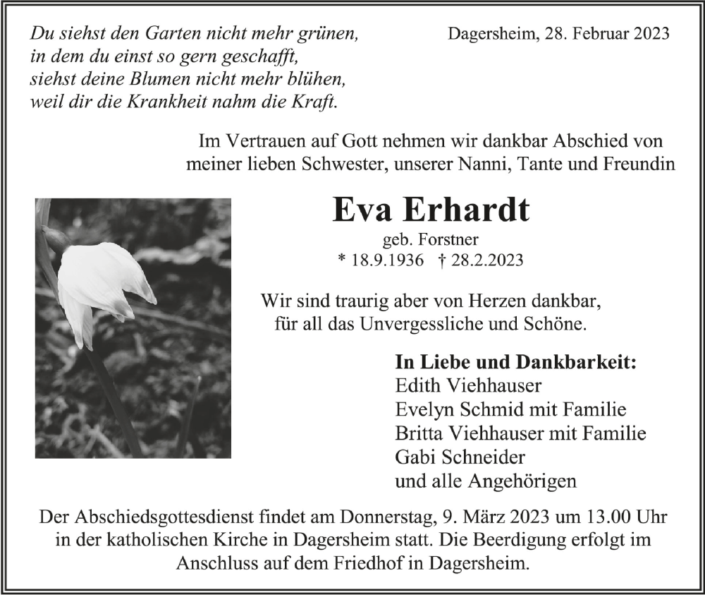 Traueranzeigen Von Eva Erhardt Schwaebische De Trauerportal