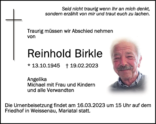 Traueranzeigen Von Reinhold Birkle Schwaebische De Trauerportal