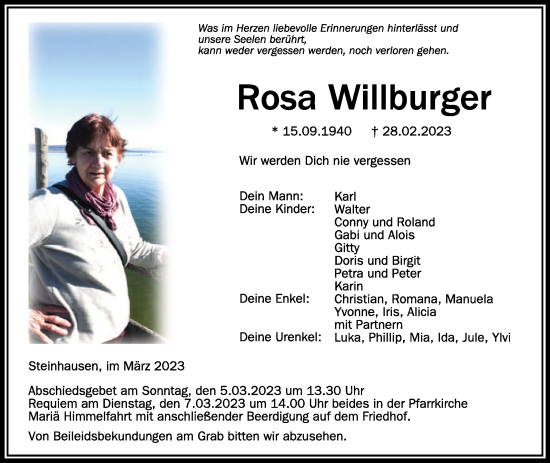 Traueranzeigen Von Rosa Willburger Schwaebische De Trauerportal