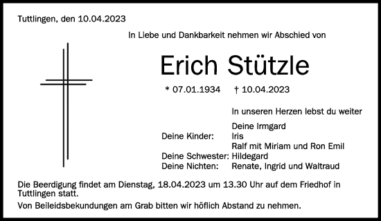 Traueranzeigen von Erich Stützle schwaebische de Trauerportal