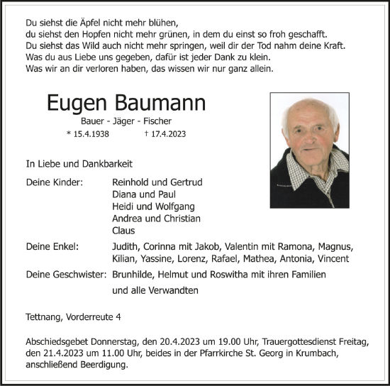 Traueranzeigen Von Eugen Baumann Schwaebische De Trauerportal