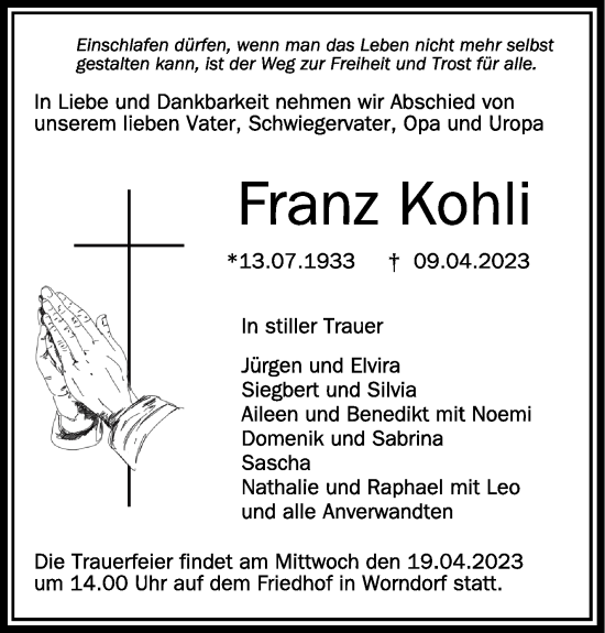 Traueranzeigen Von Franz Kohli Schwaebische De Trauerportal