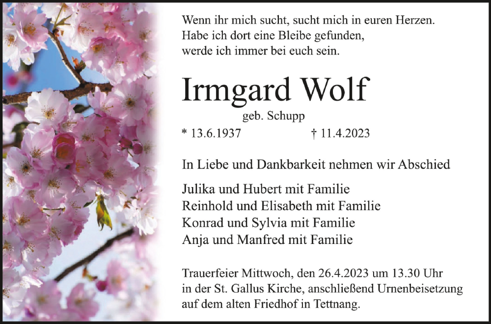 Traueranzeigen Von Irmgard Wolf Schwaebische De Trauerportal