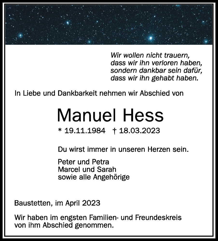 Traueranzeigen Von Manuel Hess Schwaebische De Trauerportal