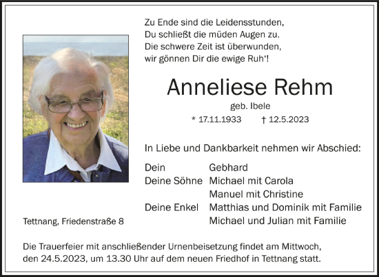 Traueranzeigen Von Anneliese Rehm Schwaebische De Trauerportal