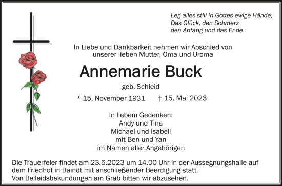 Traueranzeigen Von Annemarie Buck Schwaebische De Trauerportal