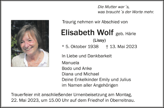 Traueranzeigen Von Elisabeth Wolf Schwaebische De Trauerportal